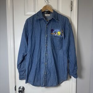 1992 Looney Tunes Embroidered Patch Warner Bros Denim Mens Medium M Shirt USA